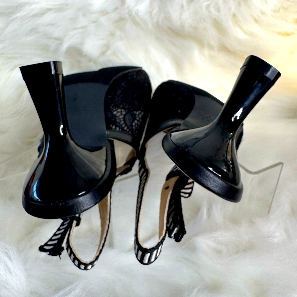 Black Patent Slingback Heels with Striped Elastic - Picture 10 of 13